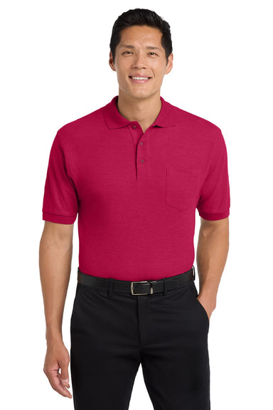Port Authority K500P/TLK500P Mens Silk Touch Wrinkle Resistant Short Sleeve Polo Shirt w/ Pocket Red Model Front