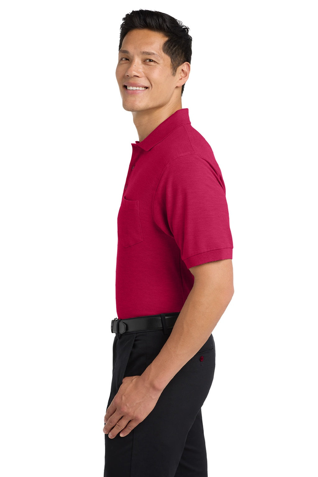 Port Authority K500P/TLK500P Mens Silk Touch Wrinkle Resistant Short Sleeve Polo Shirt w/ Pocket Red Model Side