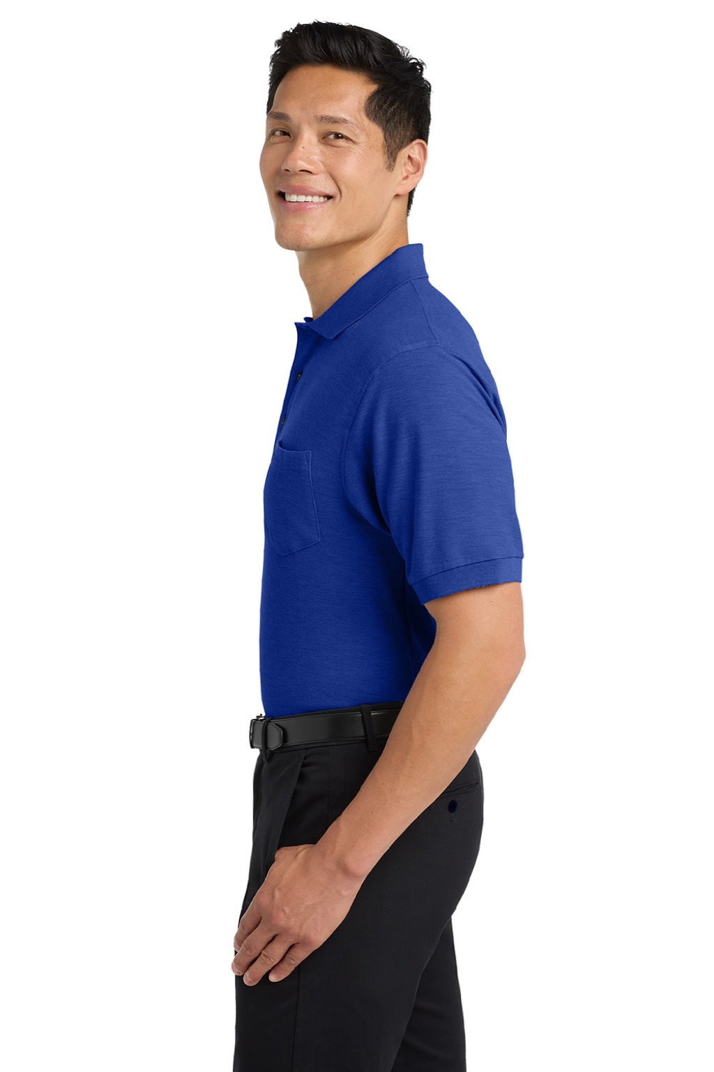 Port Authority K500P/TLK500P Mens Silk Touch Wrinkle Resistant Short Sleeve Polo Shirt w/ Pocket Royal Blue Model Side
