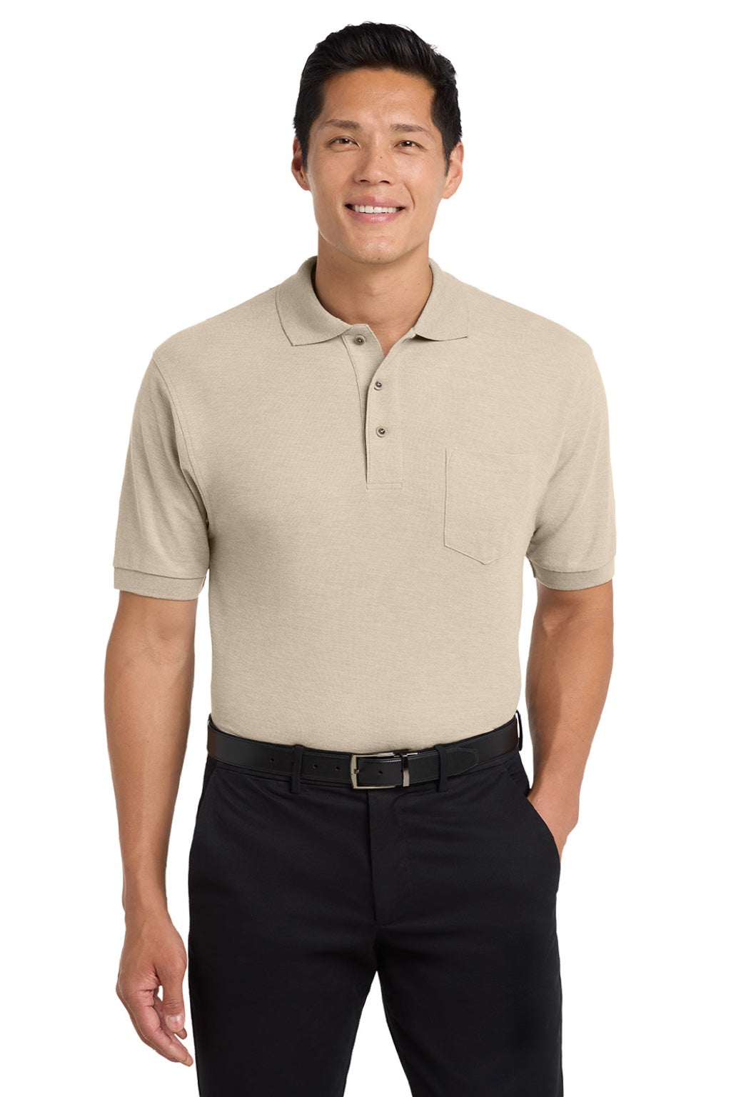 Port Authority K500P/TLK500P Mens Silk Touch Wrinkle Resistant Short Sleeve Polo Shirt w/ Pocket Stone Model Front