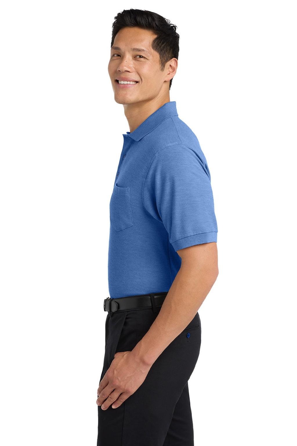 Port Authority K500P/TLK500P Mens Silk Touch Wrinkle Resistant Short Sleeve Polo Shirt w/ Pocket Ultramarine Blue Model Side