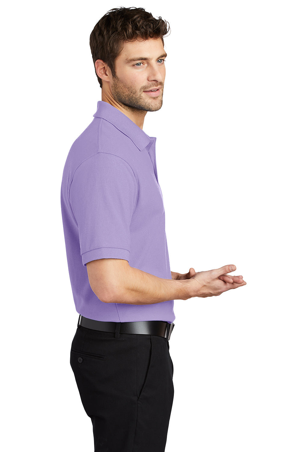 Port Authority K500/TLK500/K500ES Mens Silk Touch Wrinkle Resistant Short Sleeve Polo Shirt Bright Lavender Purple Model Side