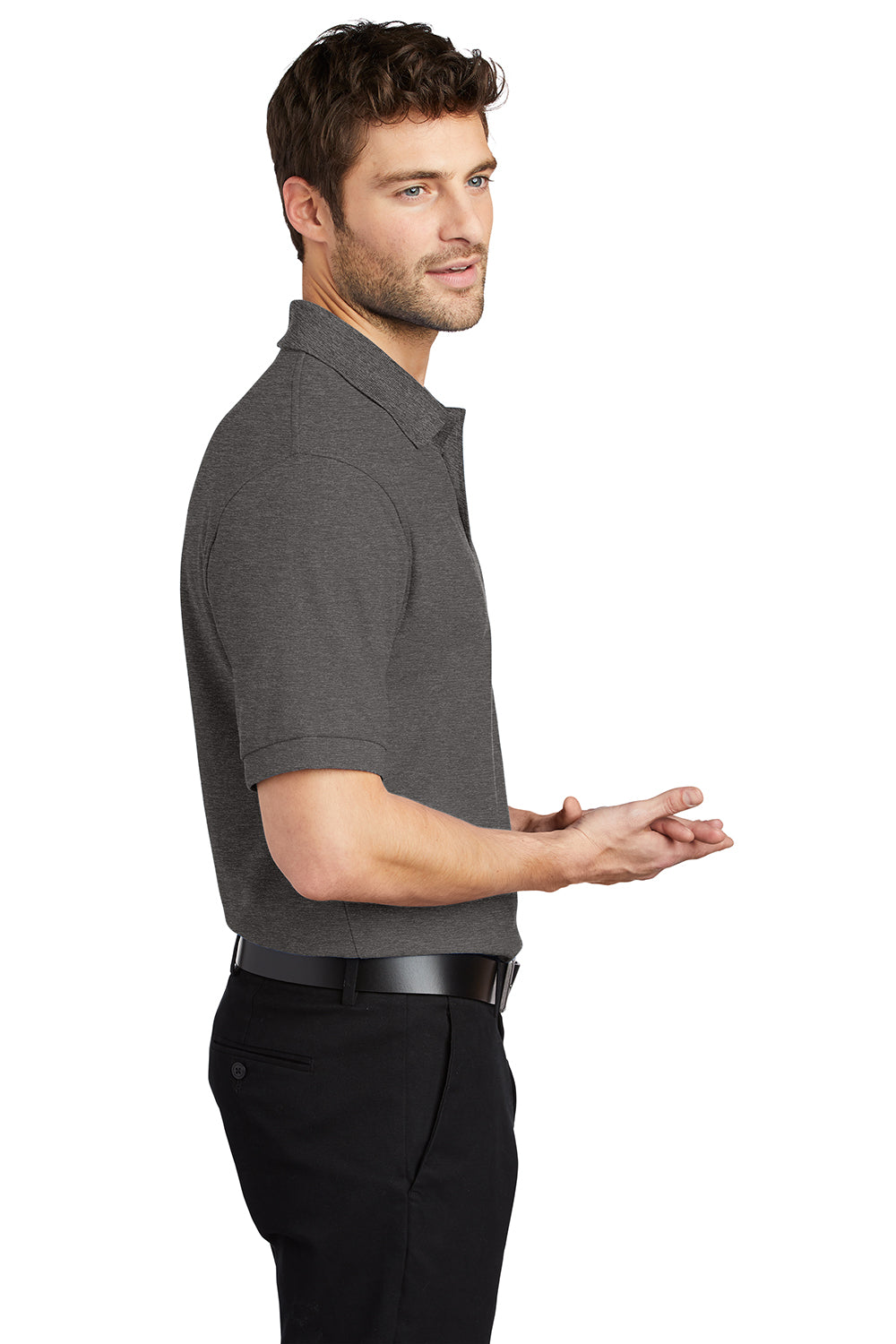 Port Authority K500/TLK500/K500ES Mens Silk Touch Wrinkle Resistant Short Sleeve Polo Shirt Heather Charcoal Grey Model Side