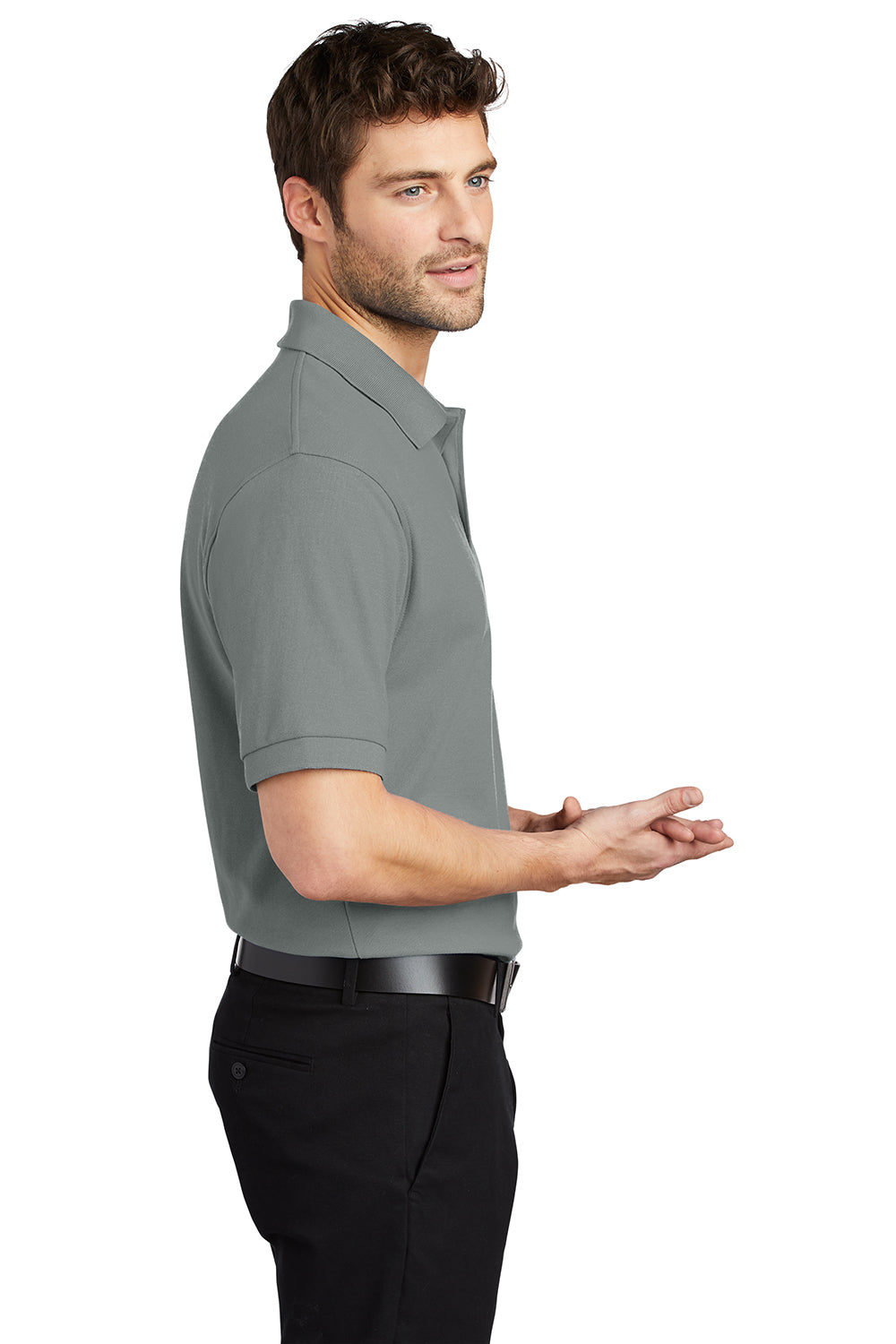 Port Authority K500/TLK500/K500ES Mens Silk Touch Wrinkle Resistant Short Sleeve Polo Shirt Cool Grey Model Side