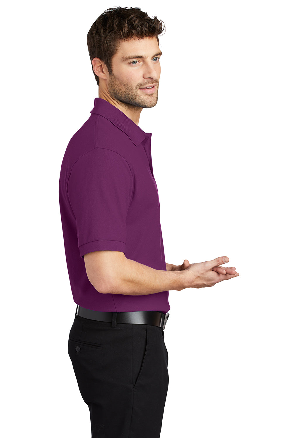 Port Authority K500/TLK500/K500ES Mens Silk Touch Wrinkle Resistant Short Sleeve Polo Shirt Deep Berry Purple Model Side