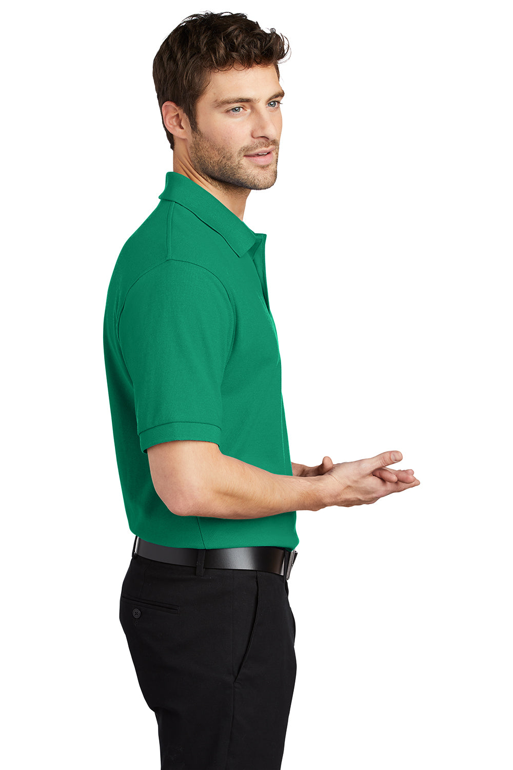 Port Authority K500/TLK500/K500ES Mens Silk Touch Wrinkle Resistant Short Sleeve Polo Shirt Kelly Green Model Side