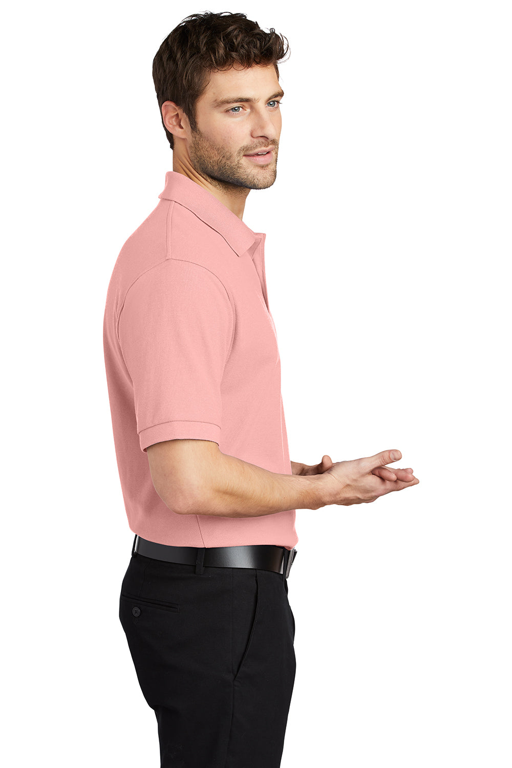 Port Authority K500/TLK500/K500ES Mens Silk Touch Wrinkle Resistant Short Sleeve Polo Shirt Light Pink Model Side