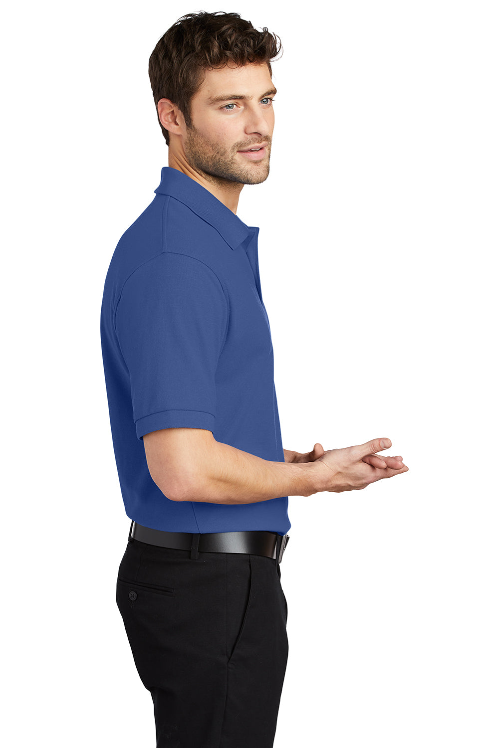 Port Authority K500/TLK500/K500ES Mens Silk Touch Wrinkle Resistant Short Sleeve Polo Shirt Mediterranean Blue Model Side