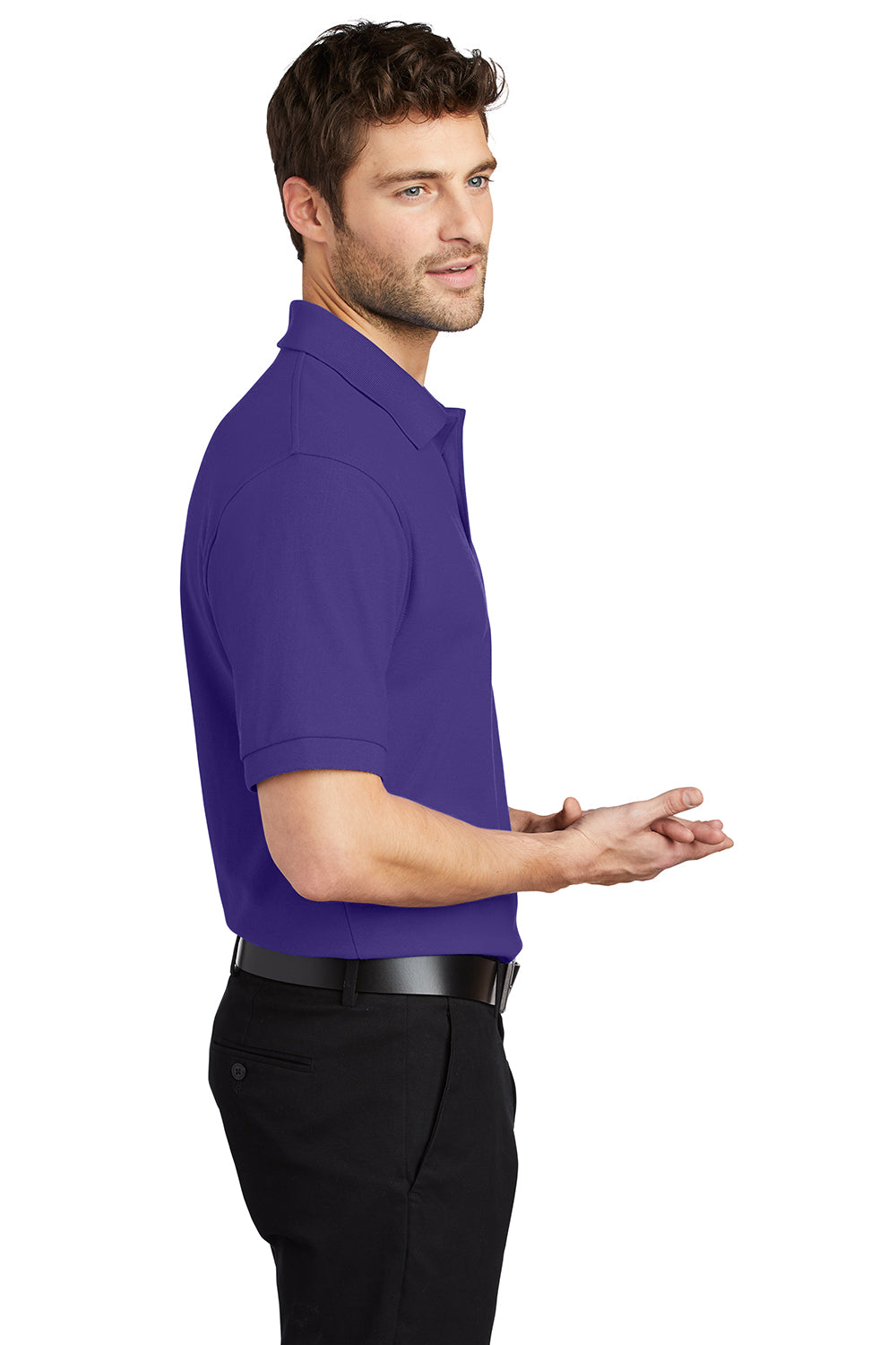 Port Authority K500/TLK500/K500ES Mens Silk Touch Wrinkle Resistant Short Sleeve Polo Shirt Purple Model Side
