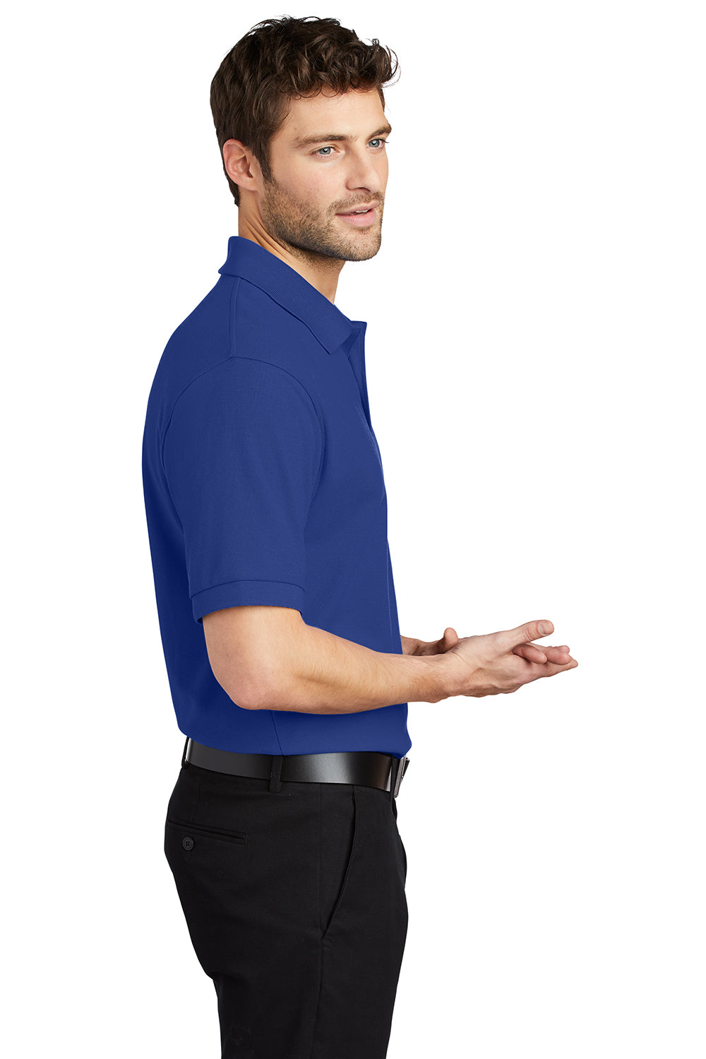 Port Authority K500/TLK500/K500ES Mens Silk Touch Wrinkle Resistant Short Sleeve Polo Shirt Royal Blue Model Side