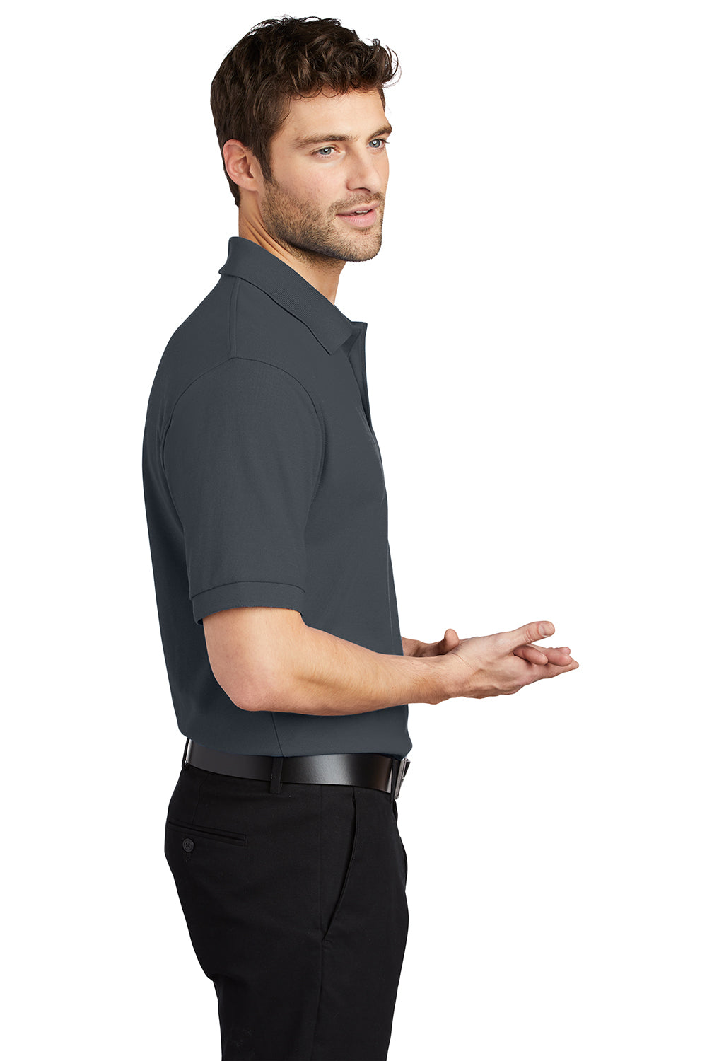 Port Authority K500/TLK500/K500ES Mens Silk Touch Wrinkle Resistant Short Sleeve Polo Shirt Steel Grey Model Side