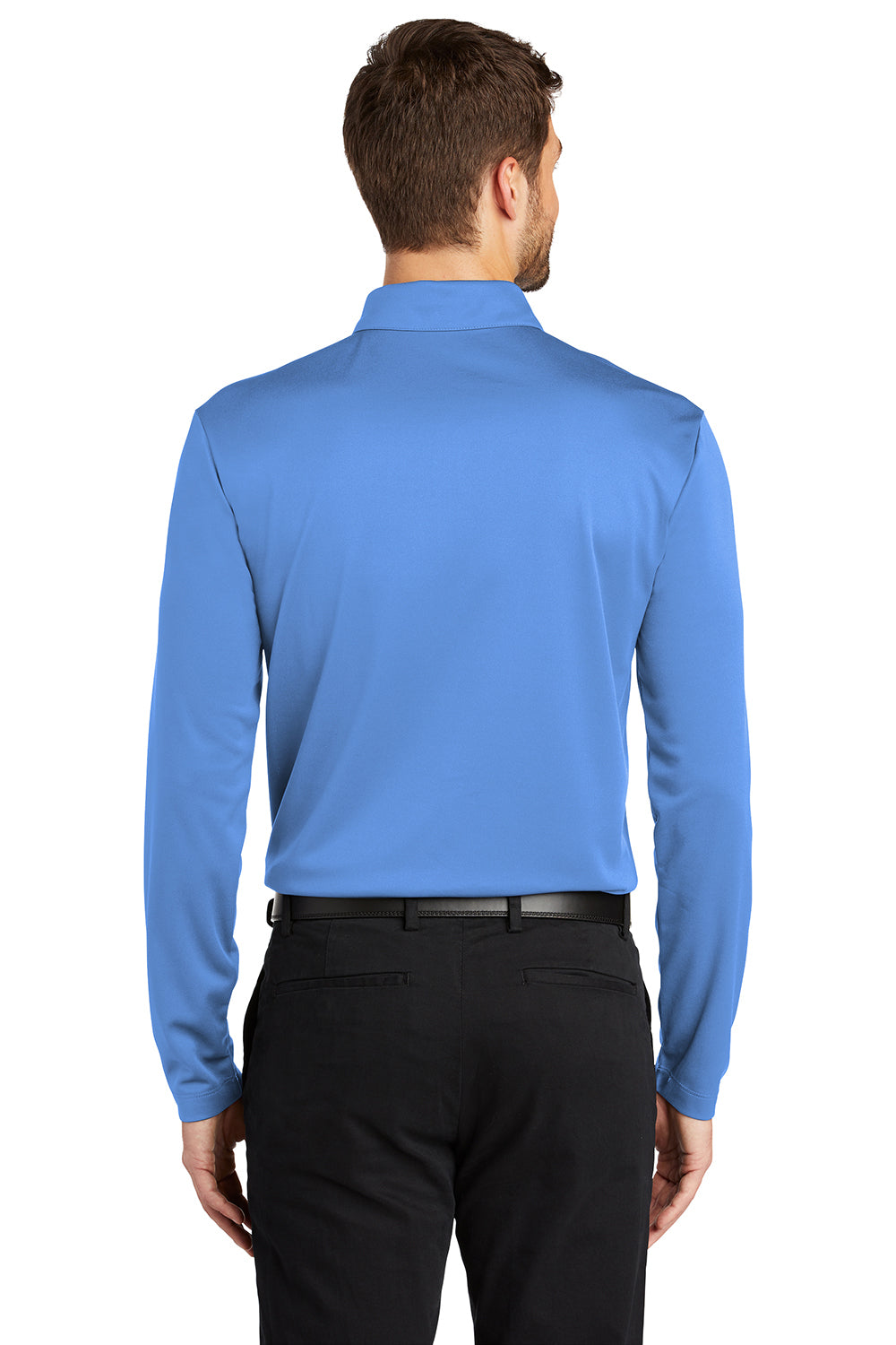 Port Authority K540LS Mens Silk Touch Performance Moisture Wicking Long Sleeve Polo Shirt Carolina Blue Model Back
