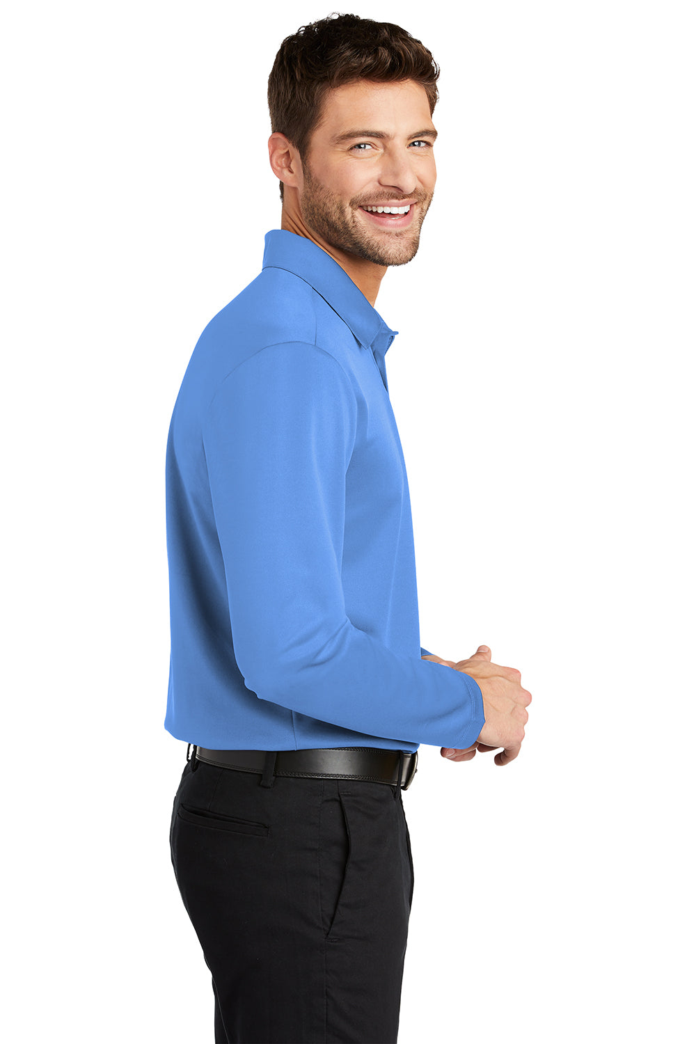 Port Authority K540LS Mens Silk Touch Performance Moisture Wicking Long Sleeve Polo Shirt Carolina Blue Model Side