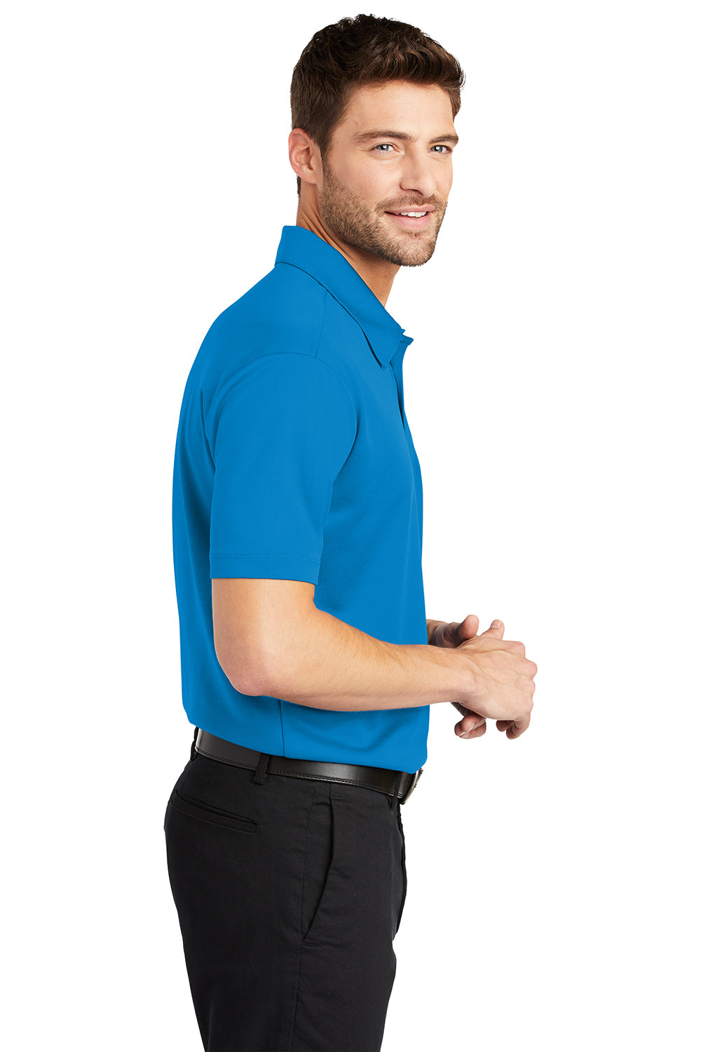 Port Authority K540P Mens Silk Touch Performance Moisture Wicking Short Sleeve Polo Shirt w/ Pocket Brilliant Blue Model Side