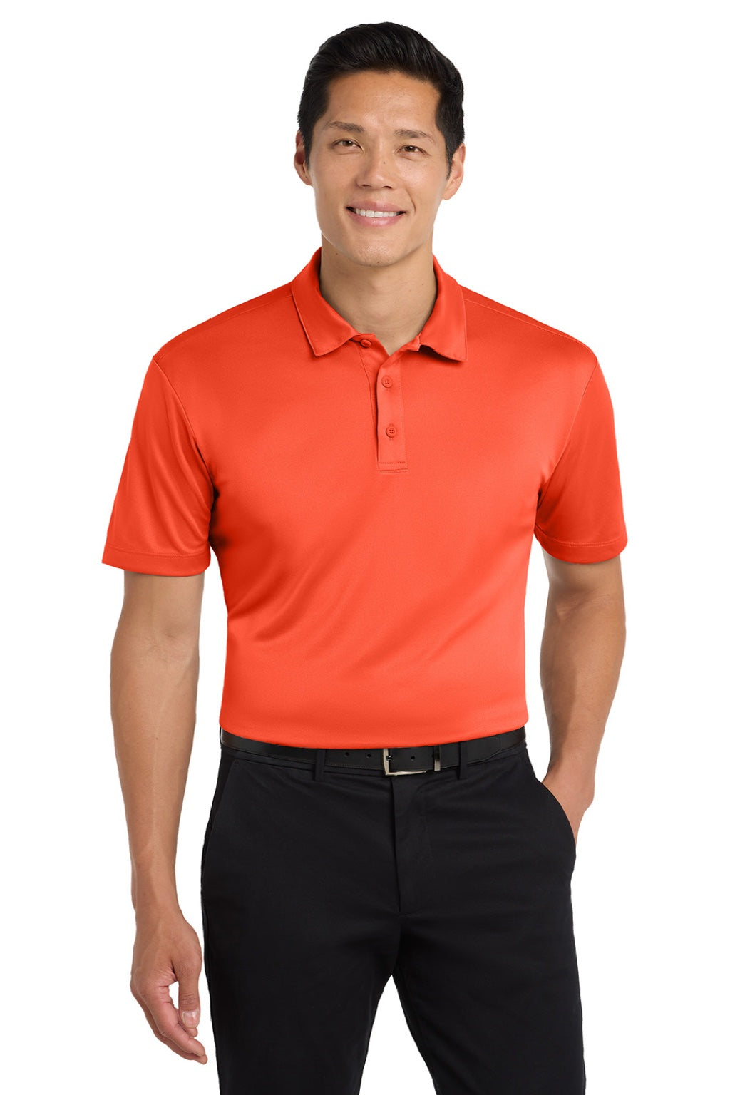 Port Authority K540/TLK540 Mens Silk Touch Performance Moisture Wicking Short Sleeve Polo Shirt Neon Orange Model Front