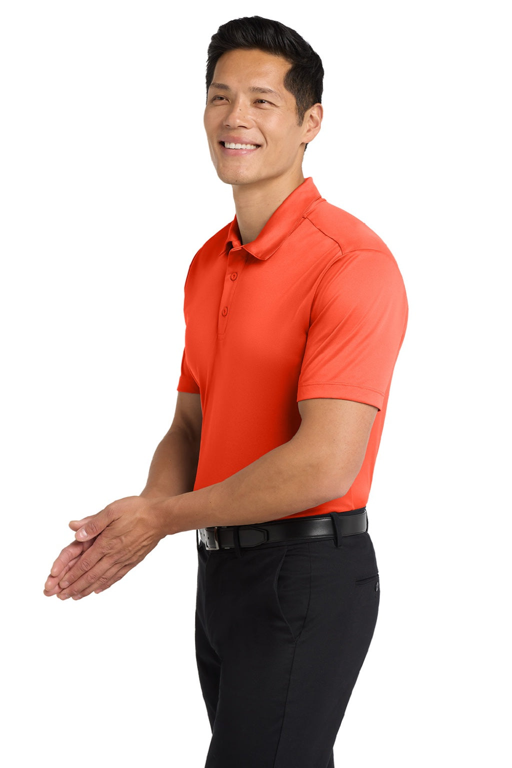 Port Authority K540/TLK540 Mens Silk Touch Performance Moisture Wicking Short Sleeve Polo Shirt Neon Orange Model Side