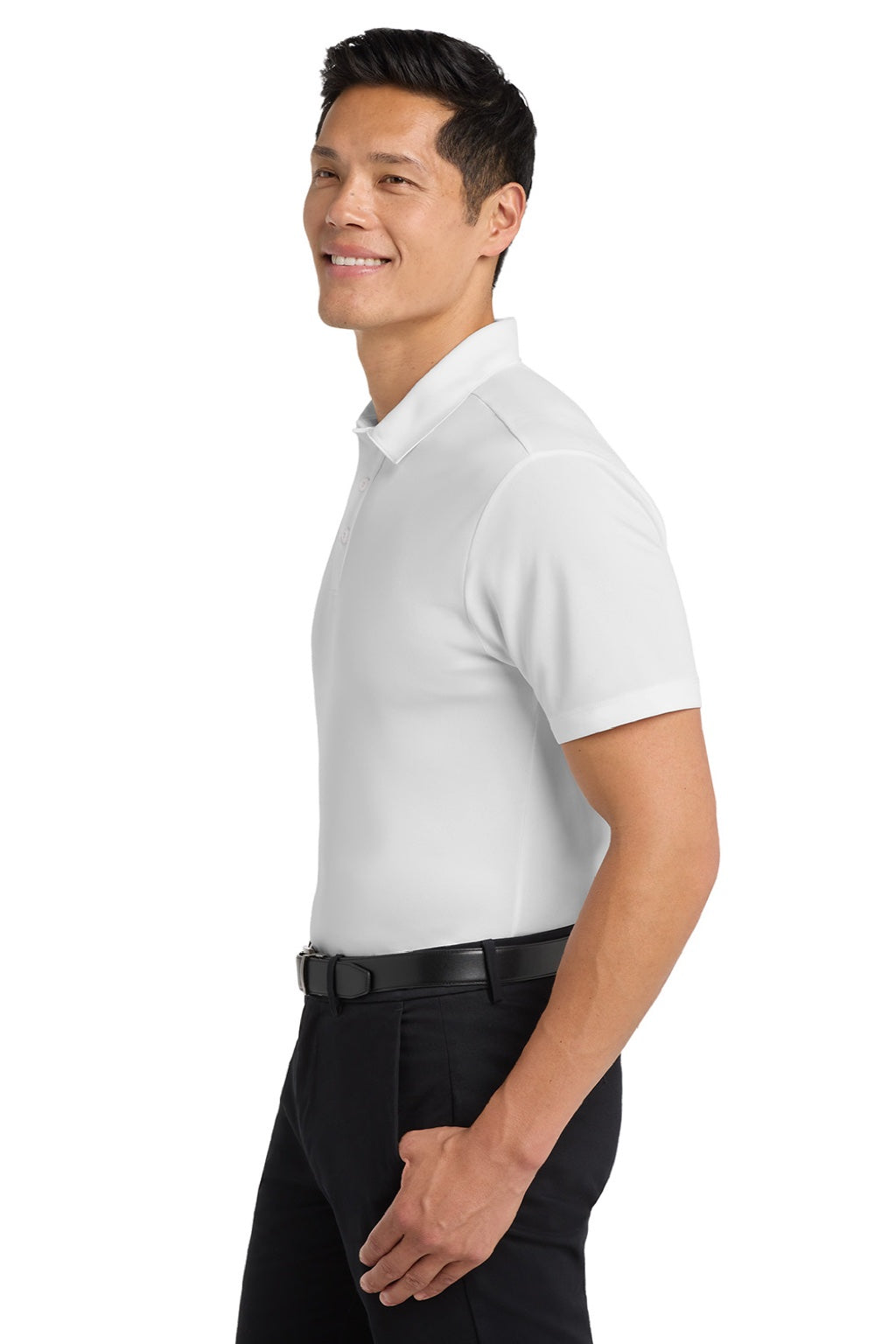 Port Authority K540/TLK540 Mens Silk Touch Performance Moisture Wicking Short Sleeve Polo Shirt White Model Side