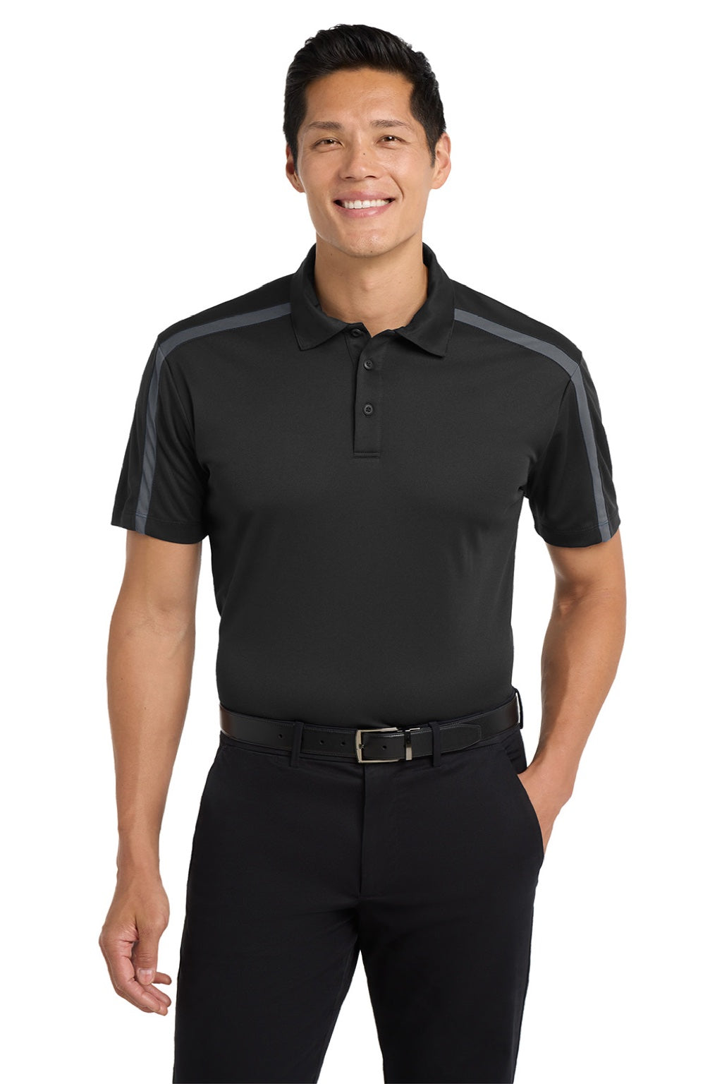 Port Authority K547 Mens Silk Touch Performance Moisture Wicking Short Sleeve Polo Shirt Black/Steel Grey Model Front