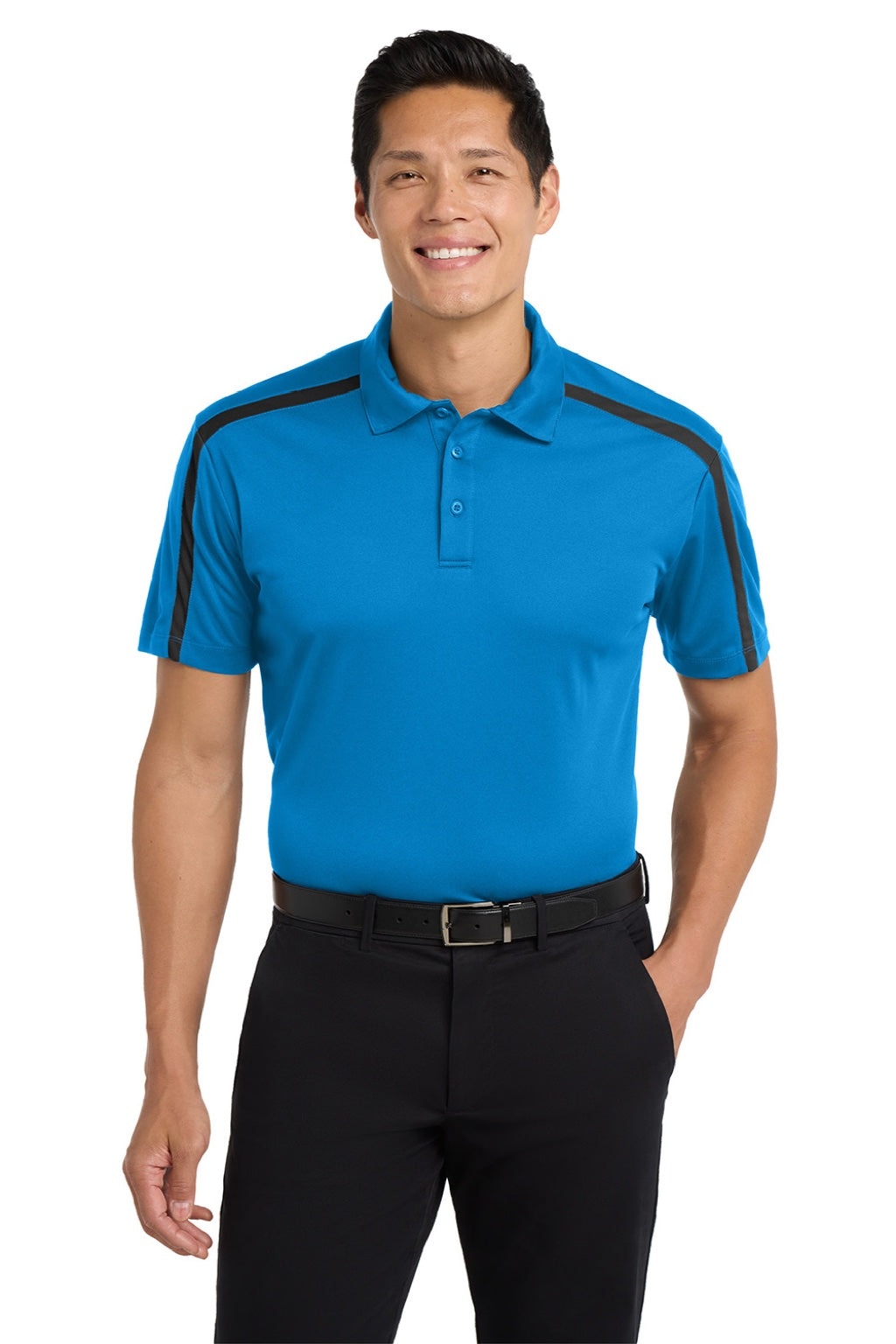 Port Authority K547 Mens Silk Touch Performance Moisture Wicking Short Sleeve Polo Shirt Brilliant Blue/Black Model Front