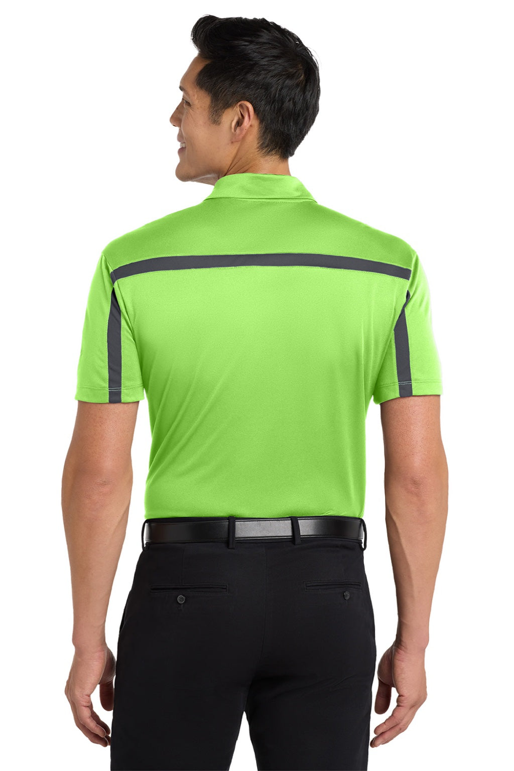 Port Authority K547 Mens Silk Touch Performance Moisture Wicking Short Sleeve Polo Shirt Lime Green/Steel Grey Model Back