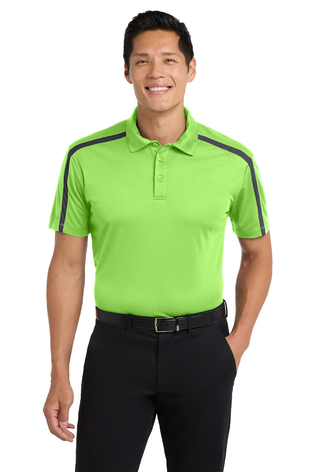 Port Authority K547 Mens Silk Touch Performance Moisture Wicking Short Sleeve Polo Shirt Lime Green/Steel Grey Model Front