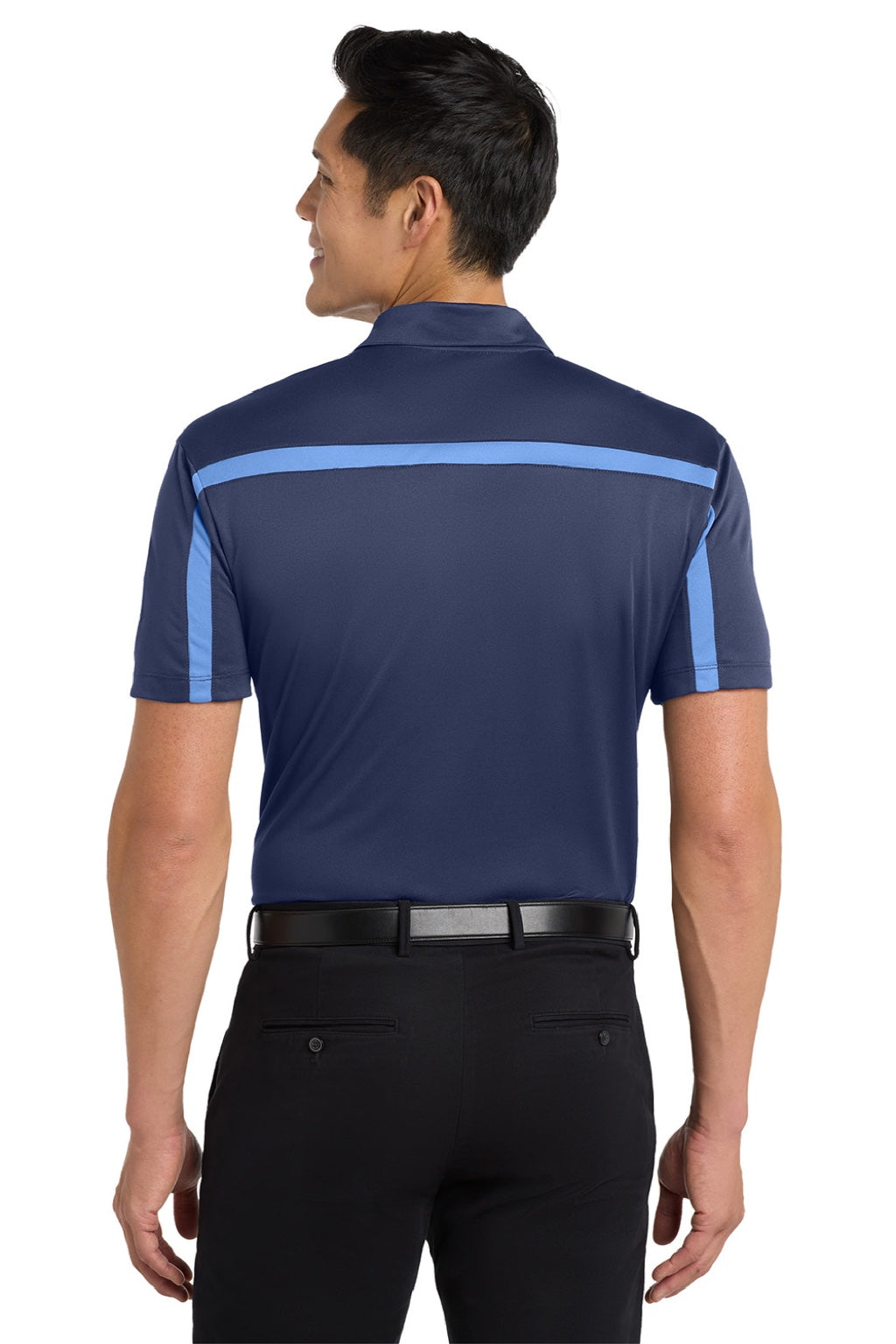 Port Authority K547 Mens Silk Touch Performance Moisture Wicking Short Sleeve Polo Shirt Navy Blue/Carolina Blue Model Back