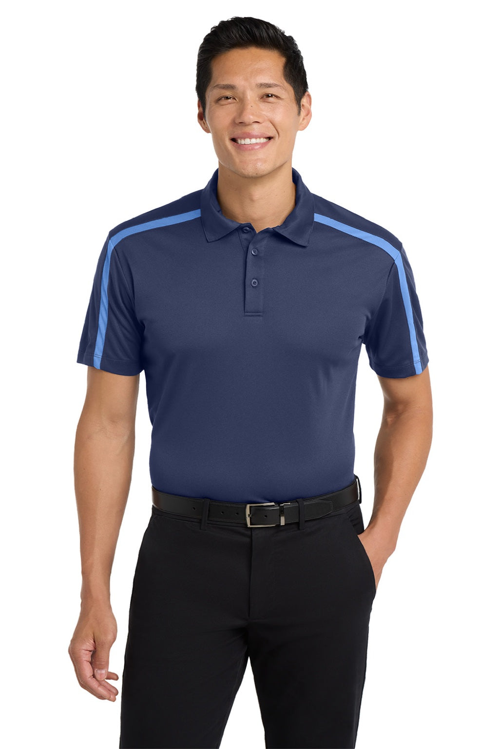 Port Authority K547 Mens Silk Touch Performance Moisture Wicking Short Sleeve Polo Shirt Navy Blue/Carolina Blue Model Front