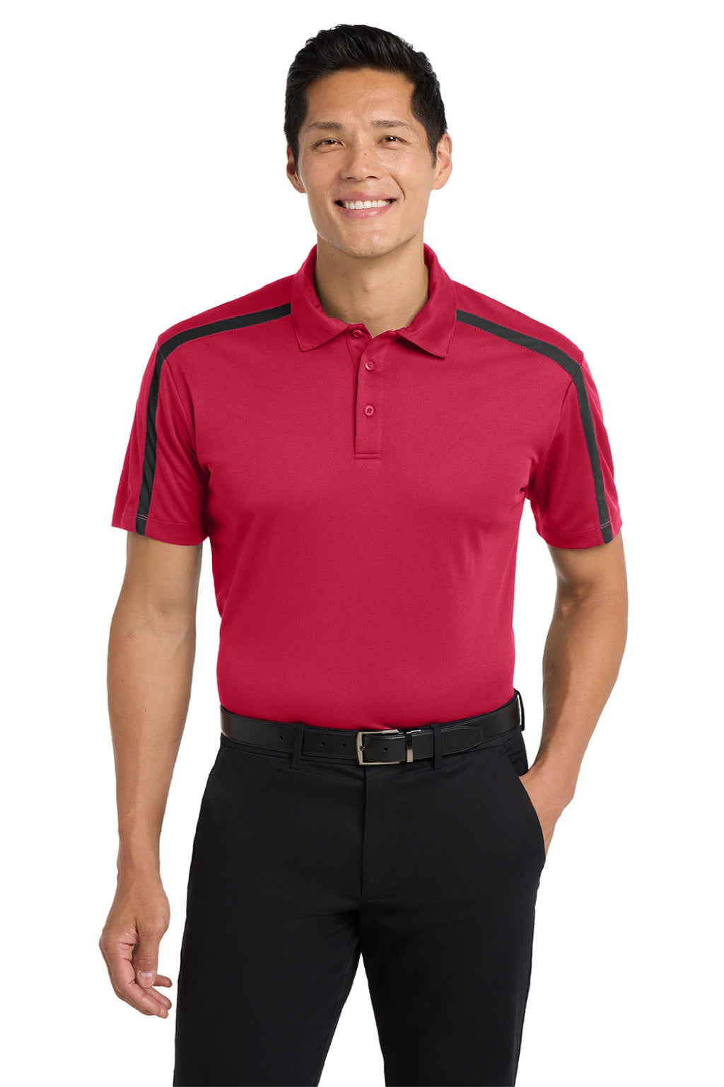 Port Authority K547 Mens Silk Touch Performance Moisture Wicking Short Sleeve Polo Shirt Red/Black Model Front