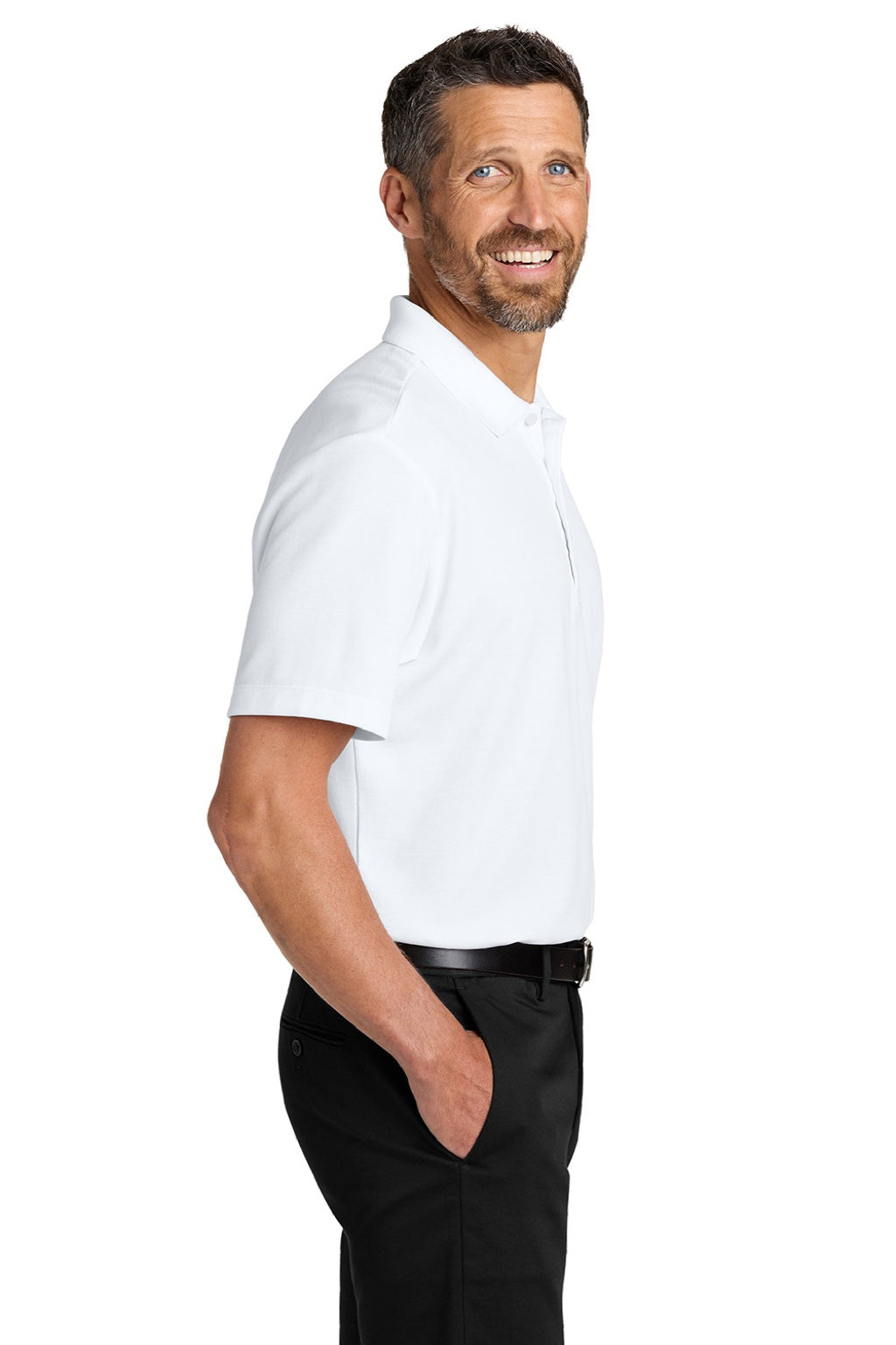 Port Authority K620 Mens Plaited Pique Short Sleeve Polo Shirt White Model Side