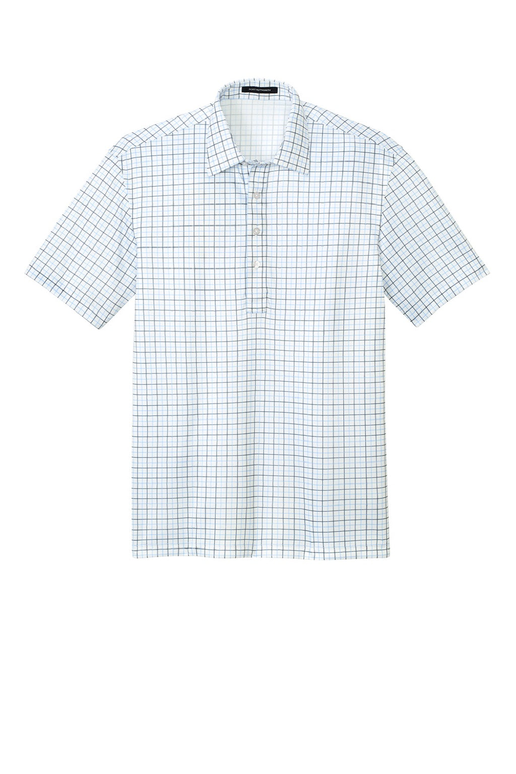 Port Authority K700 Mens Shirt Collar Short Sleeve Polo Shirt Black/Carolina Blue Check Flat Front