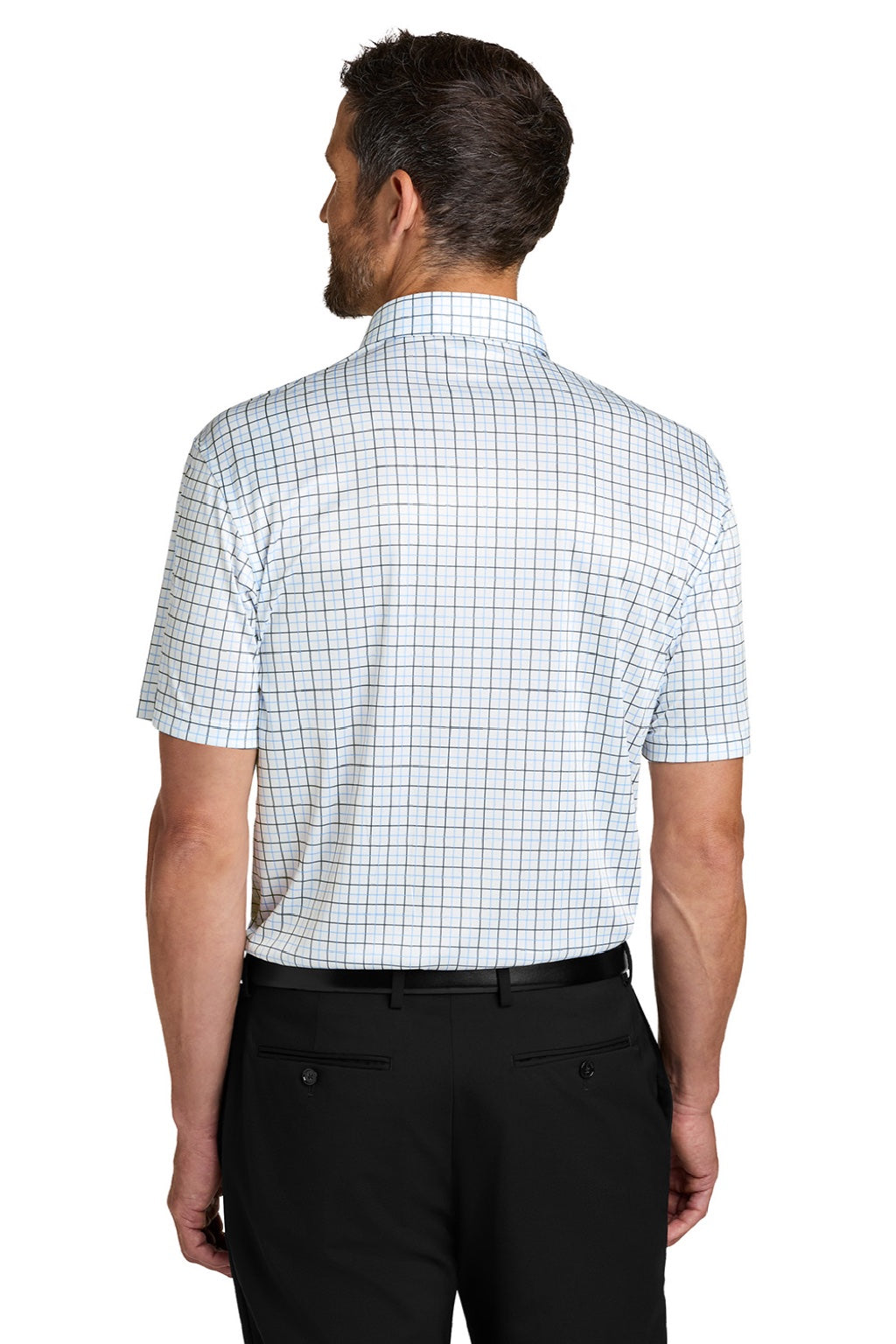 Port Authority K700 Mens Shirt Collar Short Sleeve Polo Shirt Black/Carolina Blue Check Model Back