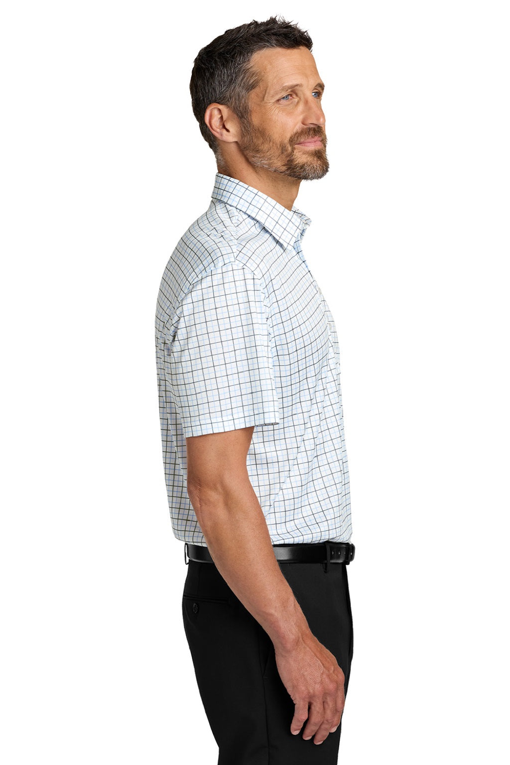 Port Authority K700 Mens Shirt Collar Short Sleeve Polo Shirt Black/Carolina Blue Check Model Side