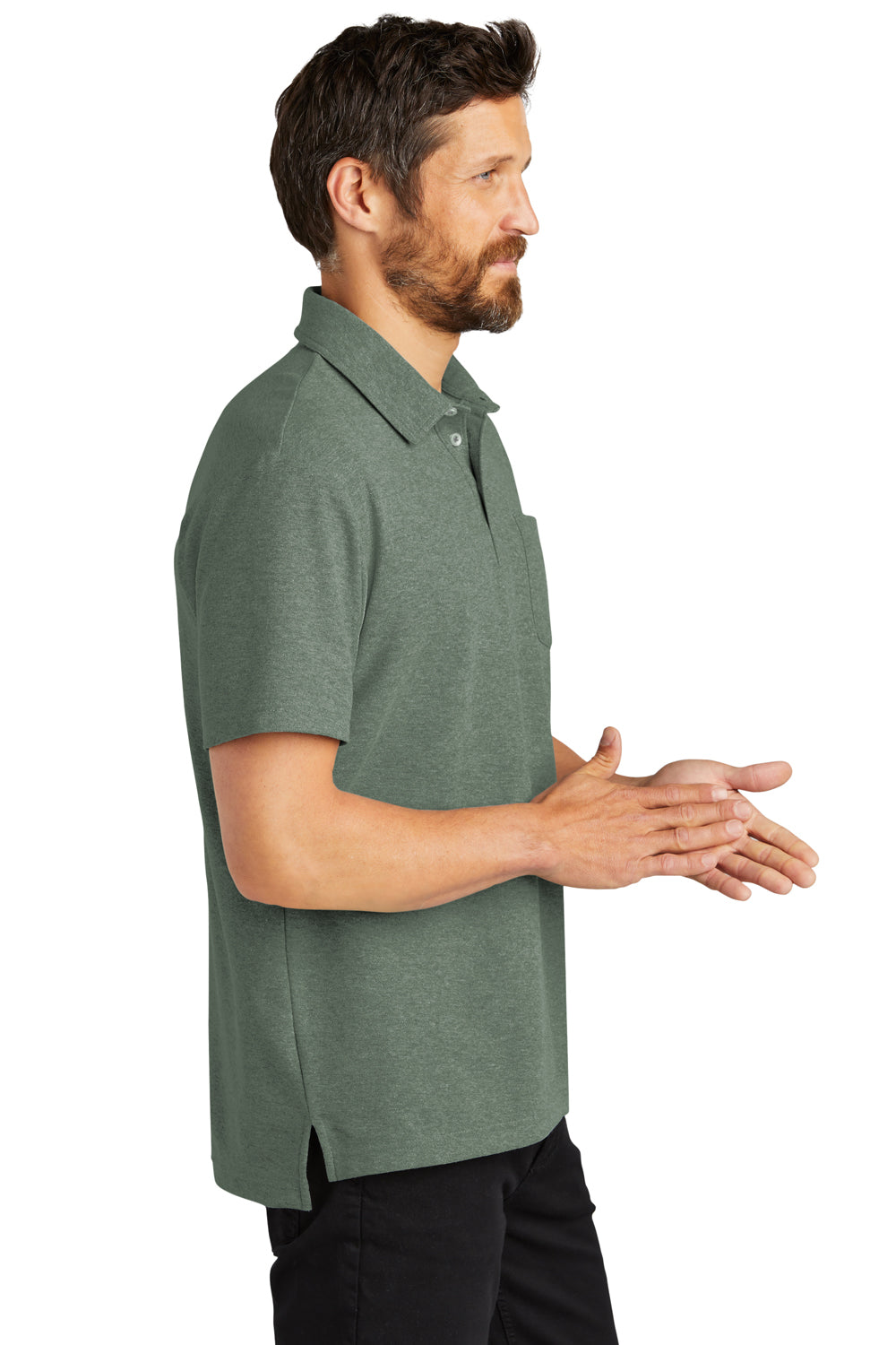 Port Authority K868 Mens C-FREE Pique Short Sleeve Polo Shirt w/ Pocket Heather Dark Green Model Side