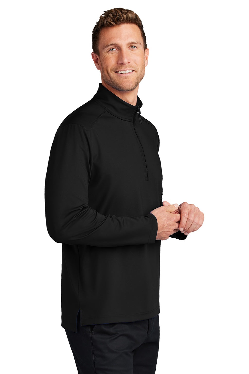 Port Authority K880 Mens C-FREE Double Knit Moisture Wicking 1/4 Zip Sweatshirt Deep Black Model Side