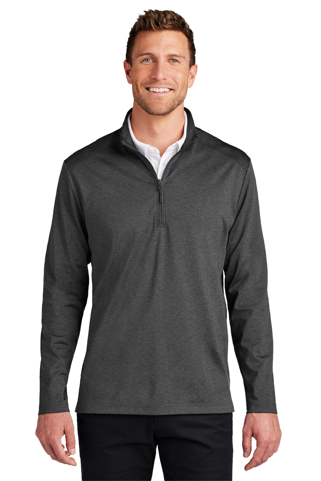 Port Authority K880 Mens C-FREE Double Knit Moisture Wicking 1/4 Zip Sweatshirt Heather Steel Grey Model Front