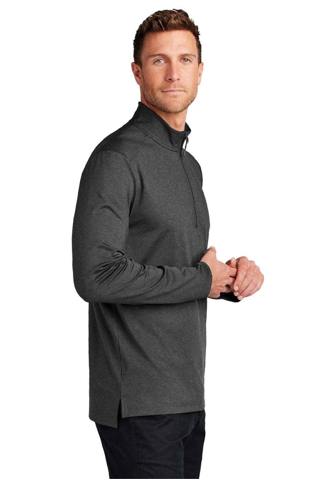 Port Authority K880 Mens C-FREE Double Knit Moisture Wicking 1/4 Zip Sweatshirt Heather Steel Grey Model Side