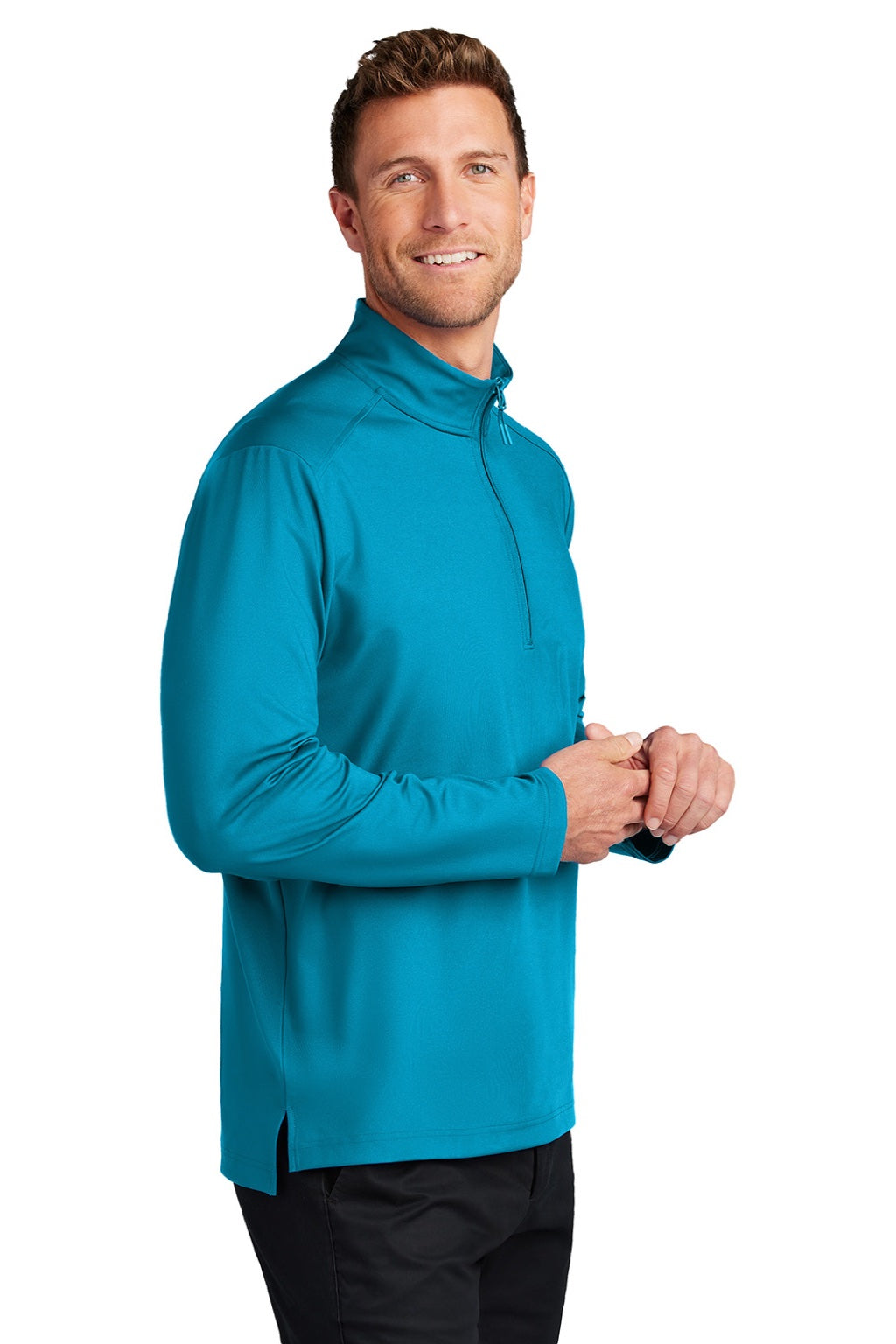 Port Authority K880 Mens C-FREE Double Knit Moisture Wicking 1/4 Zip Sweatshirt Parcel Blue Model Side