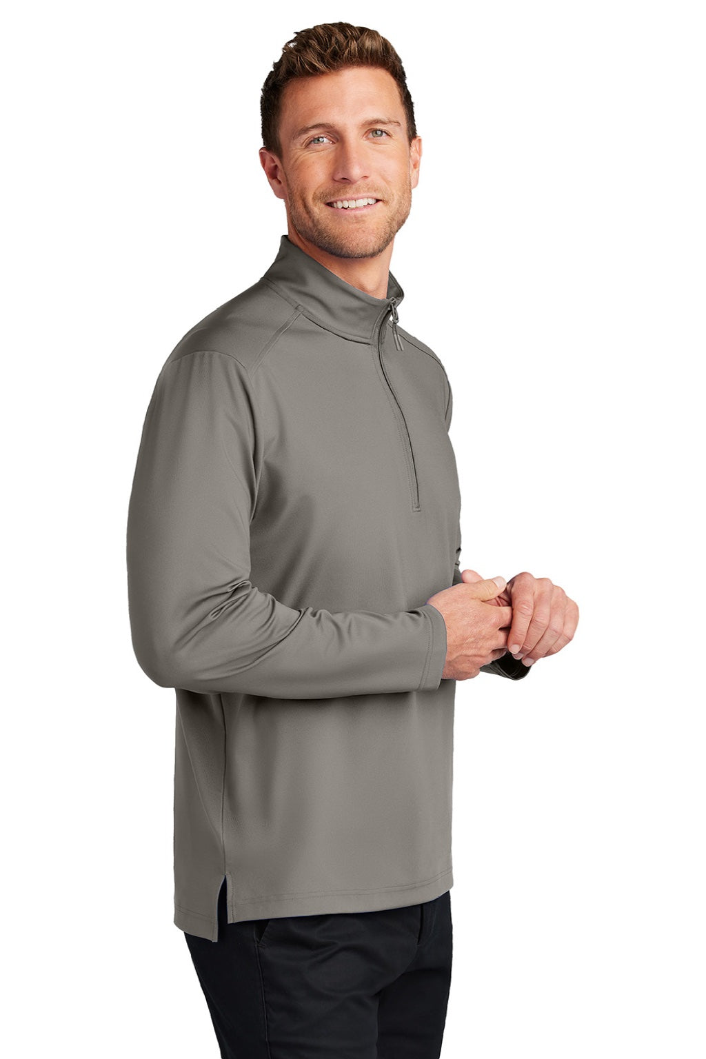 Port Authority K880 Mens C-FREE Double Knit Moisture Wicking 1/4 Zip Sweatshirt Smoke Grey Model Side