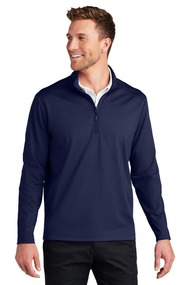 Port Authority K880 Mens C-FREE Double Knit Moisture Wicking 1/4 Zip Sweatshirt True Navy Blue Model Front