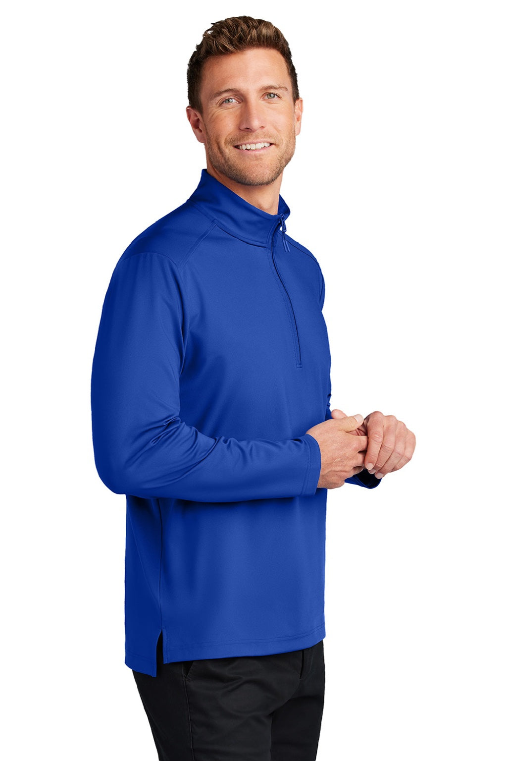 Port Authority K880 Mens C-FREE Double Knit Moisture Wicking 1/4 Zip Sweatshirt True Royal Blue Model Side