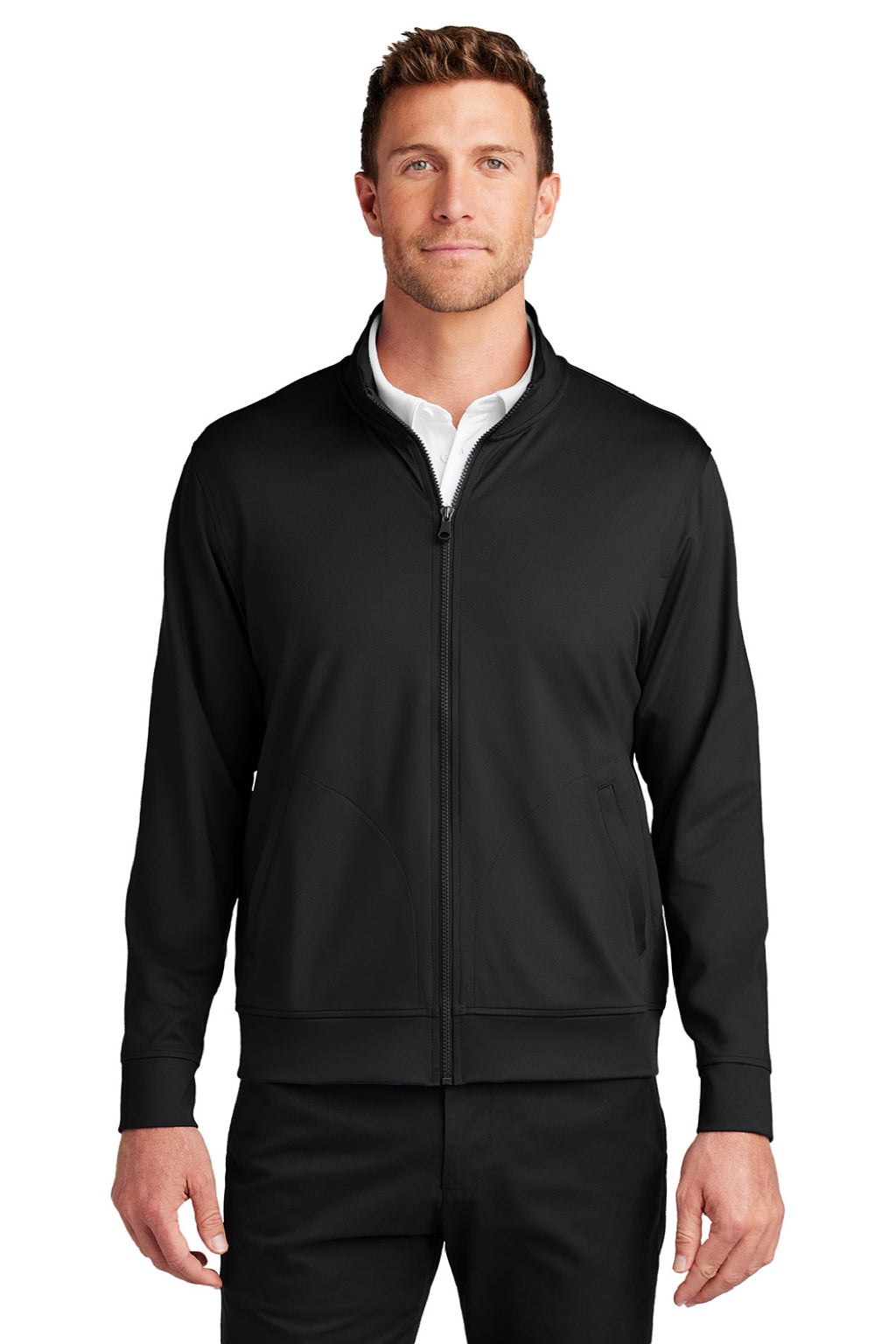 Port Authority K881 Mens C-FREE Double Knit Moisture Wicking Full Zip Sweatshirt w/ Pockets Deep Black Model Front