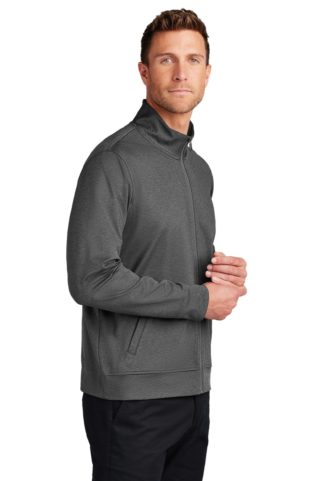 Port Authority K881 Mens C-FREE Double Knit Moisture Wicking Full Zip Sweatshirt w/ Pockets Heather Steel Grey Model Side