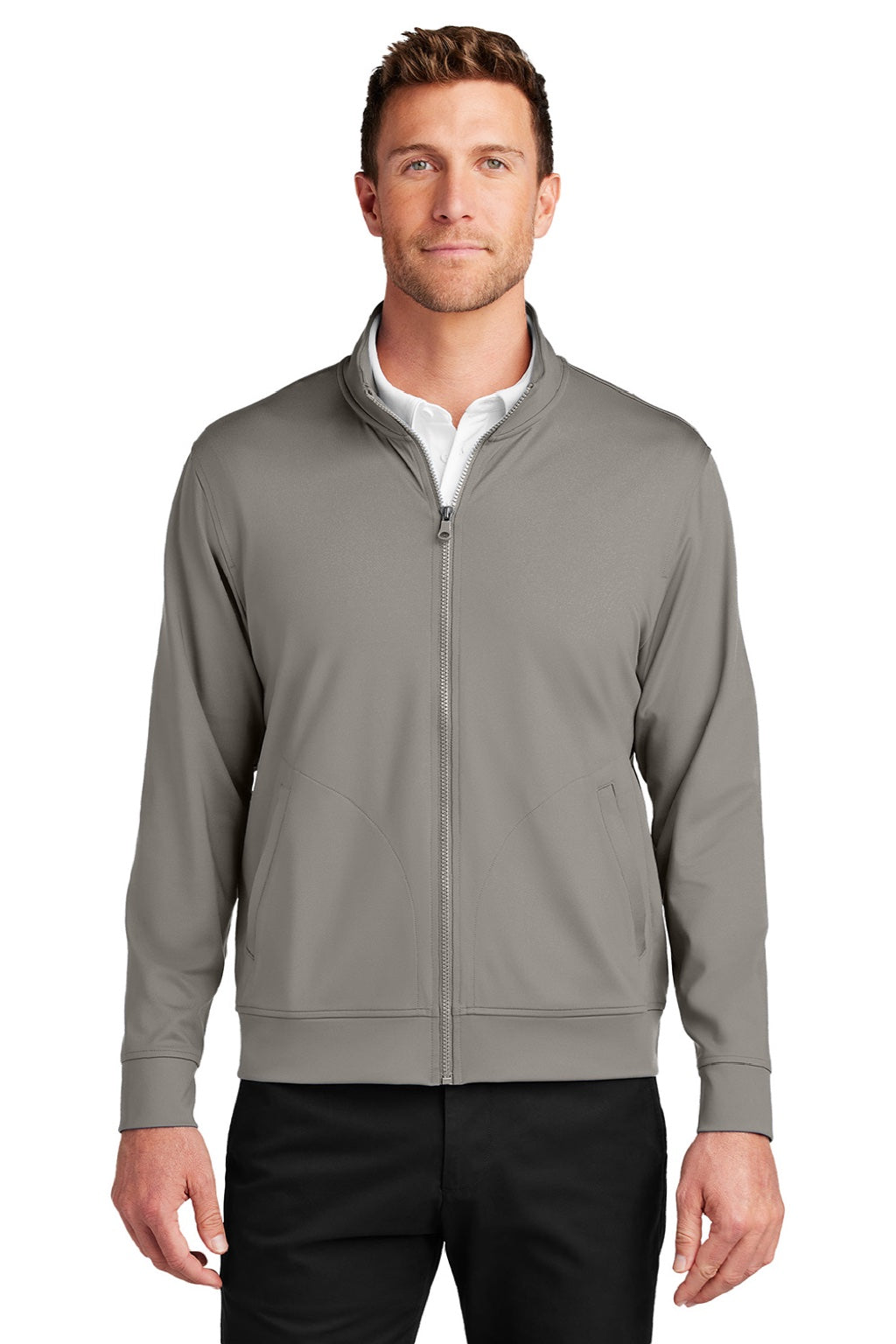 Port Authority K881 Mens C-FREE Double Knit Moisture Wicking Full Zip Sweatshirt w/ Pockets Smoke Grey Model Front