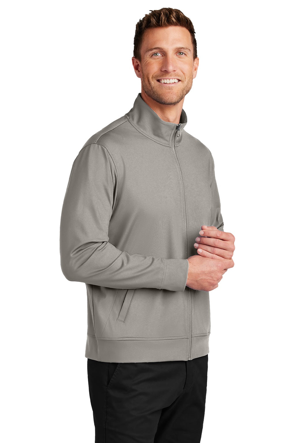 Port Authority K881 Mens C-FREE Double Knit Moisture Wicking Full Zip Sweatshirt w/ Pockets Smoke Grey Model Side