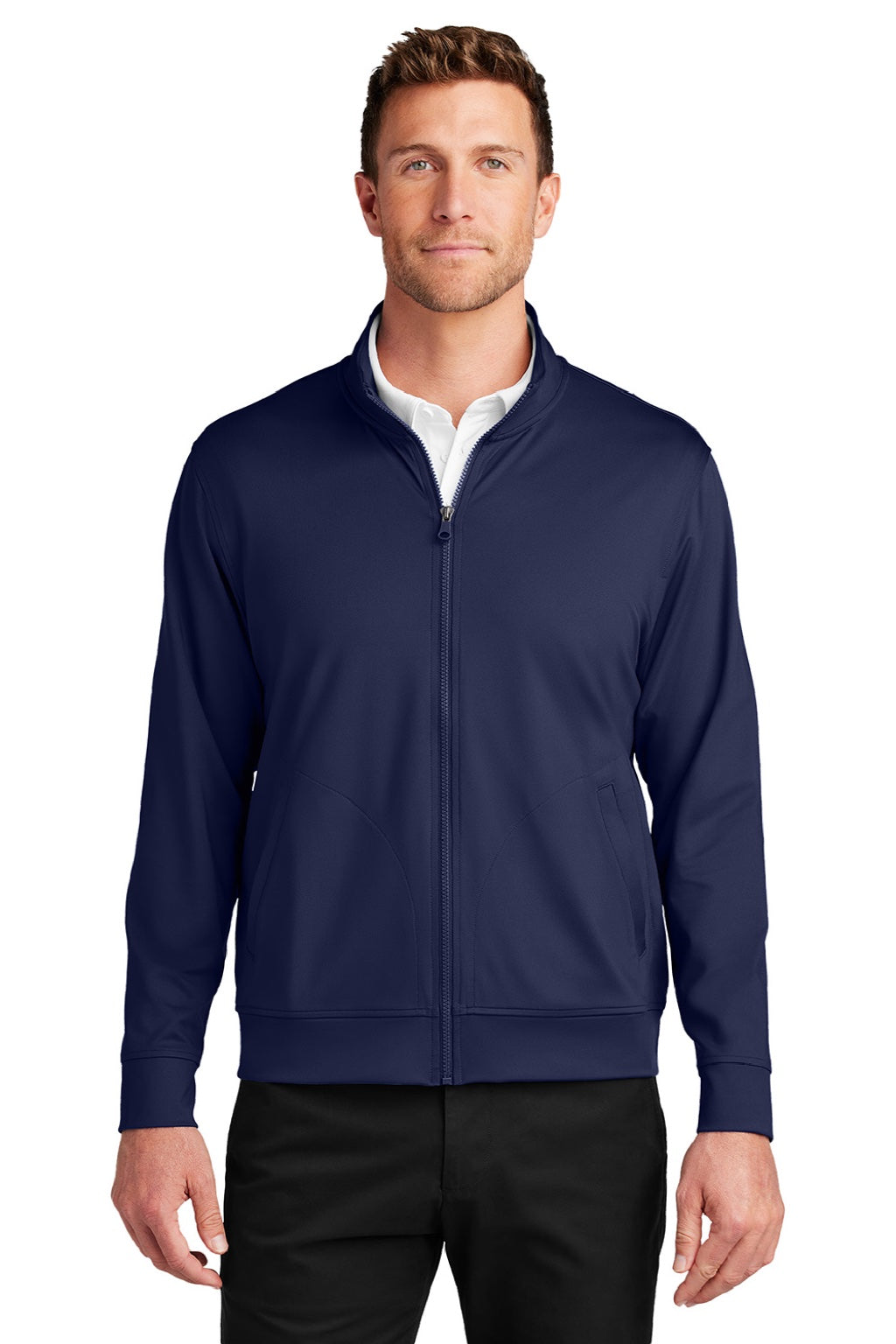 Port Authority K881 Mens C-FREE Double Knit Moisture Wicking Full Zip Sweatshirt w/ Pockets True Navy Blue Model Front