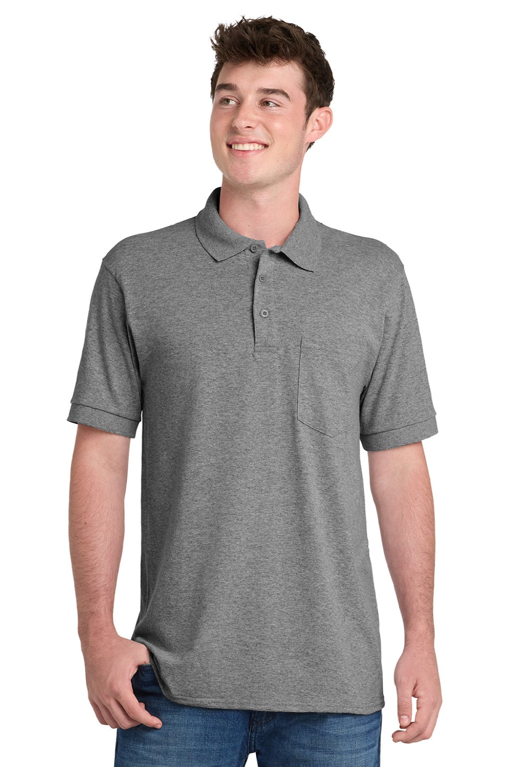 Port & Company KP55P Mens Core Stain Resistant Short Sleeve Polo Shirt w/ Pocket Heather Grey Model Front