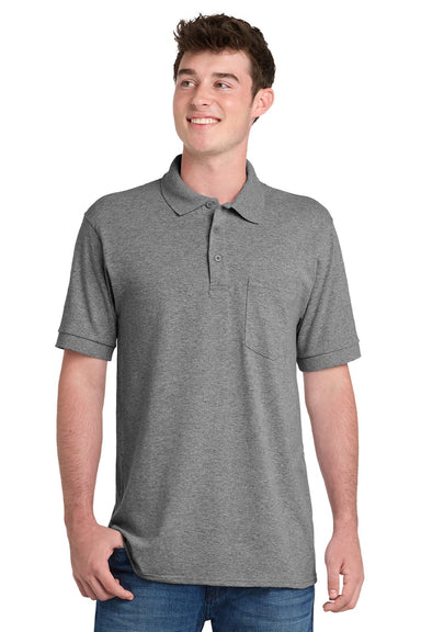 Port & Company KP55P Mens Core Stain Resistant Short Sleeve Polo Shirt w/ Pocket Heather Grey Model Front