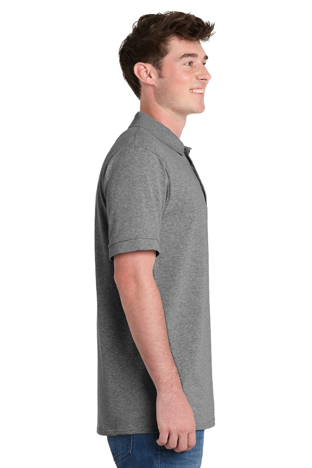 Port & Company KP55P Mens Core Stain Resistant Short Sleeve Polo Shirt w/ Pocket Heather Grey Model Side