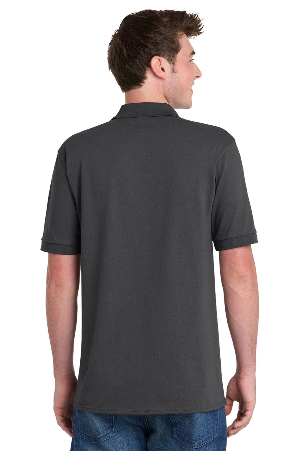 Port & Company KP55P Mens Core Stain Resistant Short Sleeve Polo Shirt w/ Pocket Charcoal Grey Model Back