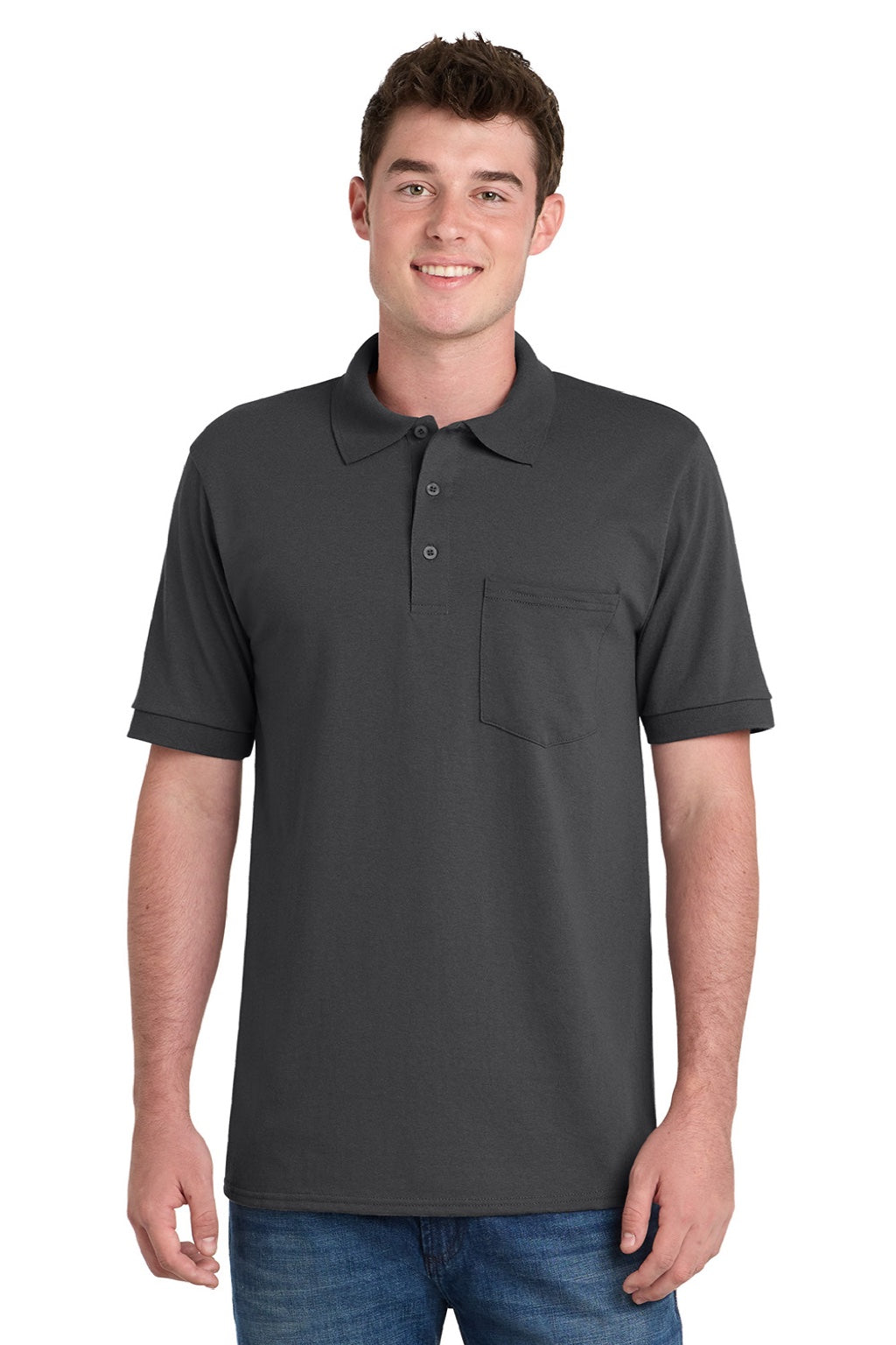 Port & Company KP55P Mens Core Stain Resistant Short Sleeve Polo Shirt w/ Pocket Charcoal Grey Model Front